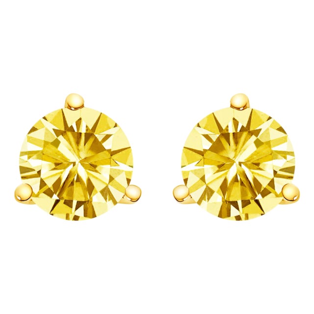 14K Yellow Gold 3-Prong Martini Set 1 1/2 Cttw Yellow Lab Grown Diamond Solitaire Stud Earrings For Sale