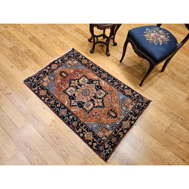 Antique Persian Heriz Serapi Rug, Hand-Knotted Wool, Geometric Pattern, Brick-Red & Blue, 3x3 For Sale - Image 11 of 13