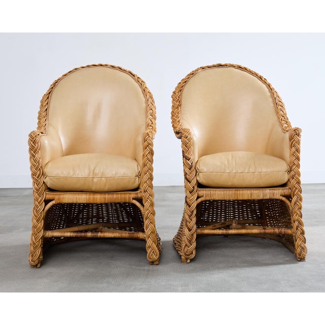 Michael Taylor Set of Eight Michael Taylor Style Rattan Leather Dining Chairs For Sale - Image 4 of 18