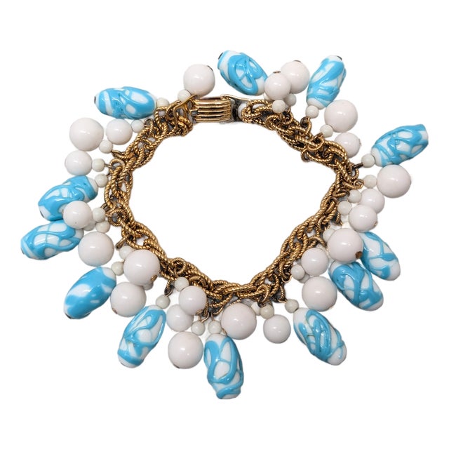 Vintage Napier Book Piece Goldtone Blue & Turquoise Art Glass Charm Bracelet, 1967 For Sale