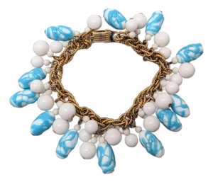 Vintage Napier Book Piece Goldtone Blue & Turquoise Art Glass Charm Bracelet, 1967
