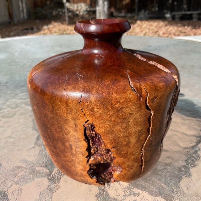 Mid Century Burl Wood Vase with Original Glass Insert. This vase is very organic in form and heavy and thick. Burl woods...