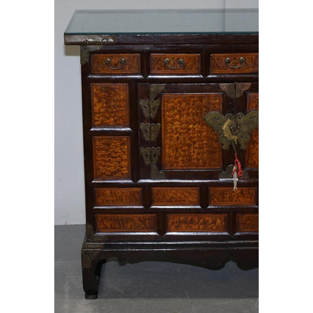 Antique Chinese Burr Elm & Brass Engraved Sideboard For Sale - Image 4 of 18