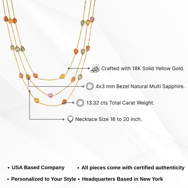 18k Yellow Gold Multi-Strand Necklace With 13.32ct Pear Cut Multicolor Sapphires For Sale - Image 13 of 18