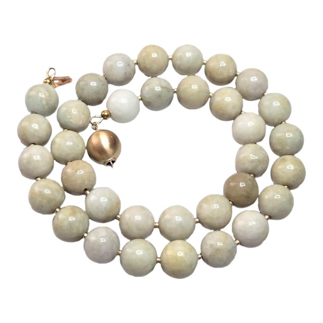 Vintage Qing Dynasty Jade Bead Necklace With 14k Gold Clasp, 18" For Sale