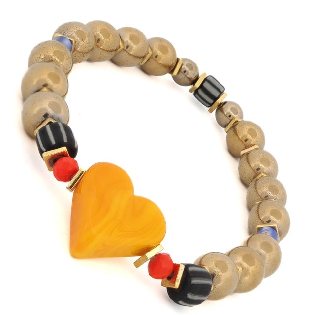 Yellow Murano Glass Yellow Heart Gold Hematite Stone Beaded Bracelet For Sale - Image 8 of 10