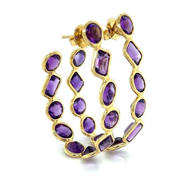 Mid 20th Century Pair of Amethyst Oval Bezel Set 18k Yellow Gold Inside Out Hoop Earrings For Sale - Image 4 of 9