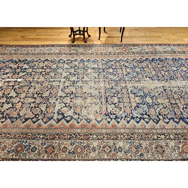 Textile Antique Persian Malayer Gallery Rug, Hand-Knotted Wool, Geometric Pattern, 7x15, Blue & Ivory For Sale - Image 7 of 18
