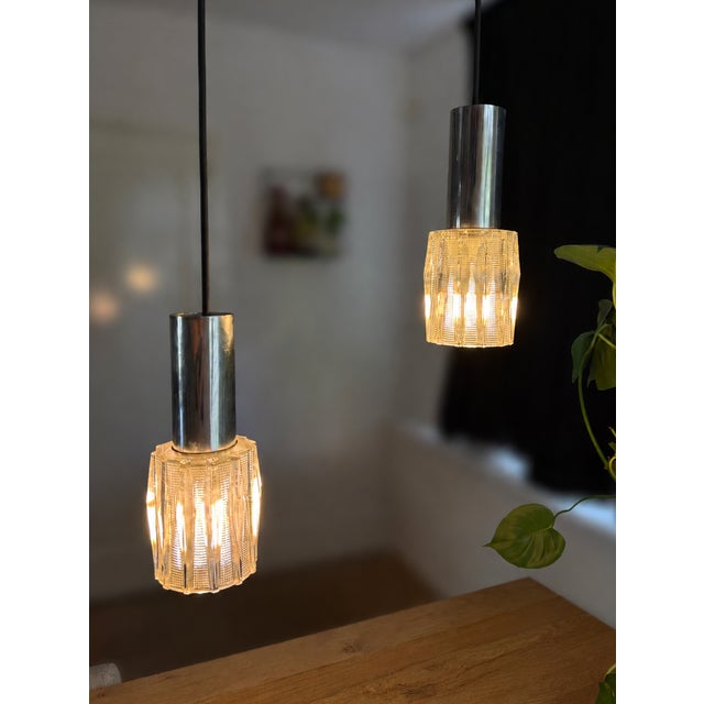 Metal Mid-Century Modern Textured Glass Pendant Lights, 1960s, Set of 2 For Sale - Image 7 of 17