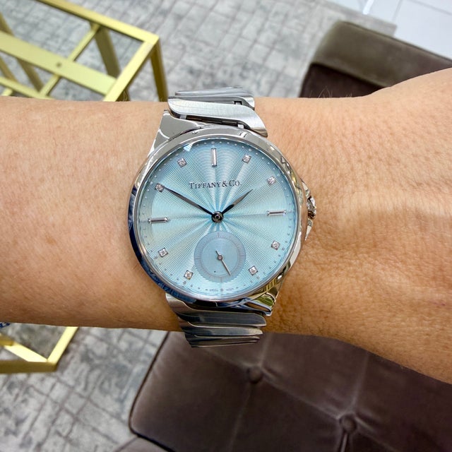 Tiffany & Co. Metro 3-Hand Ice Blue 34mm Diamond Dial Steel Automatic Watch For Sale - Image 9 of 9