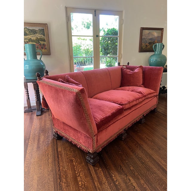 Spanish Revival 1920s Spanish Revival Tuxedo Couch in Red Velvet For Sale - Image 3 of 12
