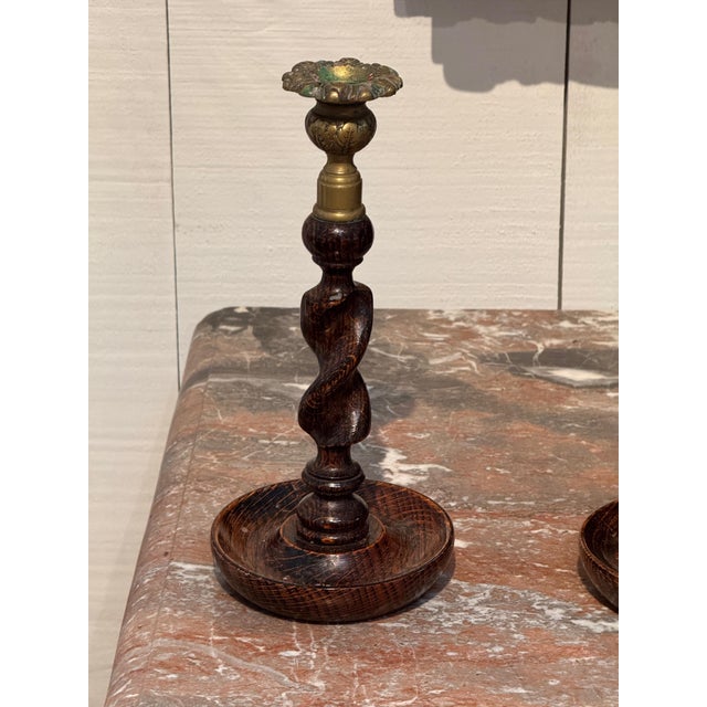 Pair of Oak Barley Twist Candlesticks With Brass Sconces For Sale - Image 6 of 7