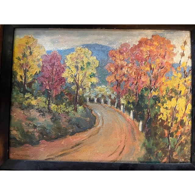 Expressionism Vintage Signed Acrylic on Board Painting of a Country Road in Autumn in the Hudson Valley For Sale - Image 3 of 4
