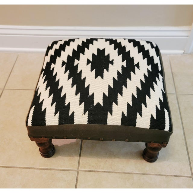 Art Deco Southwest Kilim Style Footstool With Wooden Legs, Nailhead Trim For Sale - Image 3 of 8