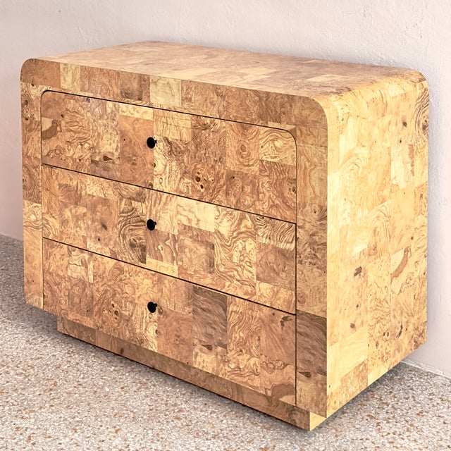 Postmodern Three-Drawer Waterfall Dresser With Faux Burlwood Laminate Veneer For Sale - Image 4 of 15