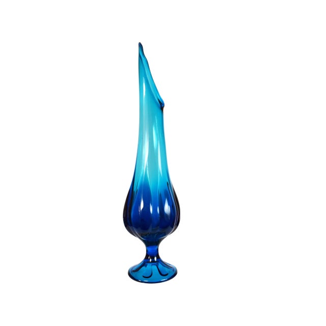 Mid-Century Modern Mid-Century Modern Tall Pedestal Viking Swung Vase Blue Art Glass Vase For Sale - Image 3 of 9