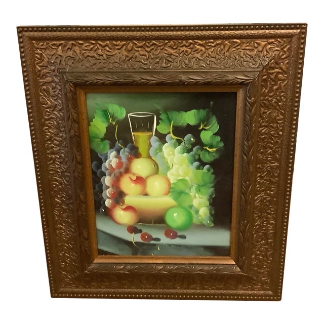 Late 20th Century Still Life Fruit and Wine Small Framed Painting For Sale