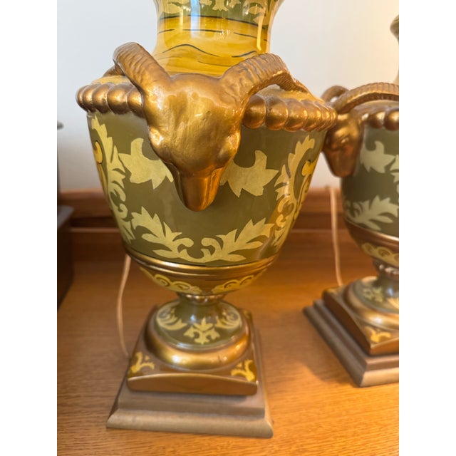 Italian Pair of Vintage Italian Ochre Glazed Ceramic Ram’s Head Urn Table Lamps For Sale - Image 3 of 9