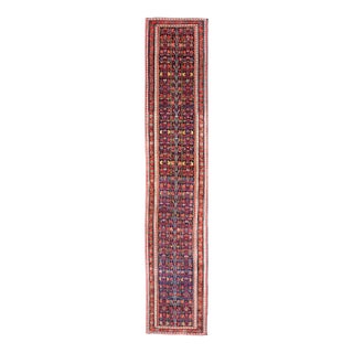 Late 19th Century Colorful Antique Kazak Long Runner With Multi-Geometric Motifs on a Navy Field For Sale