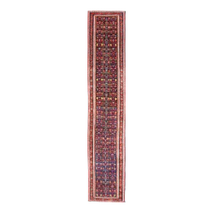 Late 19th Century Colorful Antique Kazak Long Runner With Multi-Geometric Motifs on a Navy Field