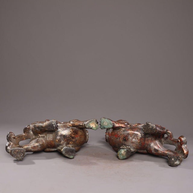 Pair of Antique Gilt Bronze Pixiu Statues, Mythical Beast Figures, 5.98kg For Sale - Image 9 of 9