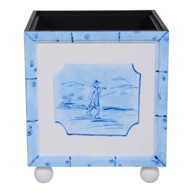 1990s English Traditional Aqua Wooden Box Holder With Delf Design For Sale