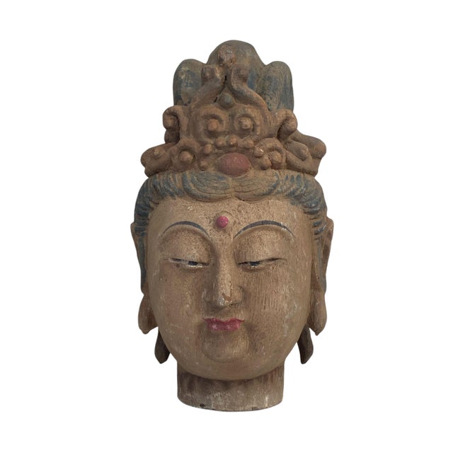 This impressive vintage Asian hand-carved wood Guanine Head features a serene face and stands 9.25" H . It shows minor...