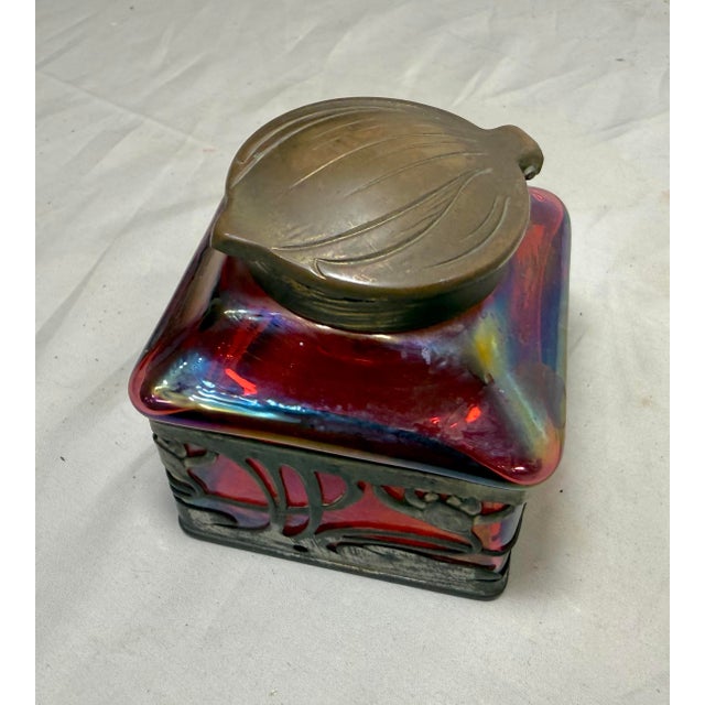 Antique Carl Stolzle Austrian Art Nouveau Red Glass Bronze Writing Inkwell Jar For Sale - Image 14 of 18
