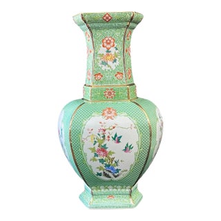 Large Chinoiserie Porcelain Famille Verte Style Vase 20" H For Sale