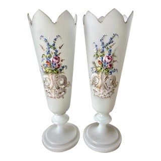 Antique French Opaline Glass 18" Hand-Painted Vases-A Pair For Sale