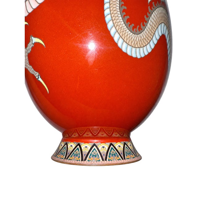 Japanese Cloisonne Enamel Red Gourd Shaped Dragon Vase Meiji For Sale - Image 4 of 10