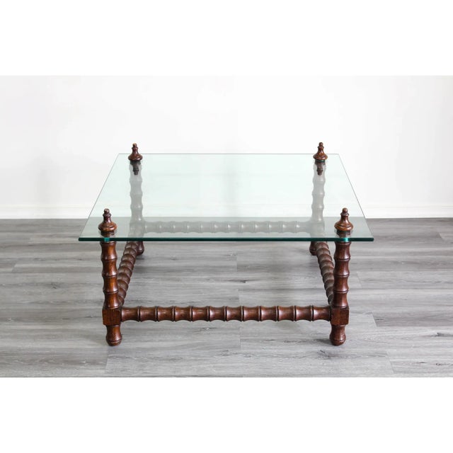 1960s Mid Century Walnut Turned Coffee Table With Glass Top For Sale - Image 4 of 5