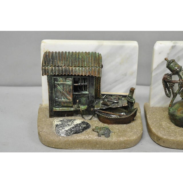 Mid-Century Modern Mid 20th Century Curtis Clawson Mid Century Modern Brutalist Nautical Bronze & Marble Bookends For Sale - Image 3 of 15
