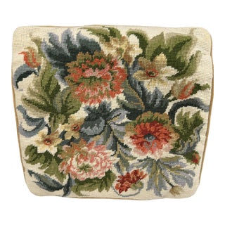 Vintage Floral Needlepoint Pillow Cover Square Gold Velvet Back Cottagecore 14" ***Cover Only*** For Sale