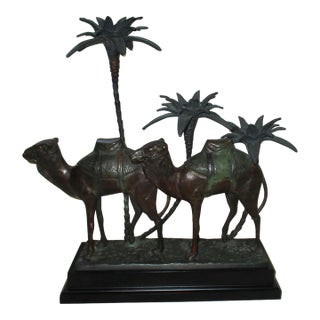 Vintage Bronze LargeTwo Camels & Three Palm Tree Candelabra Sculpture For Sale