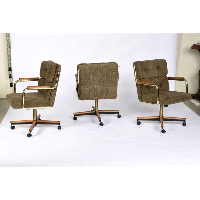 Set of 3 Stoneville Brown Gold and Oak Swivel Armchairs on Casters For Sale - Image 9 of 17