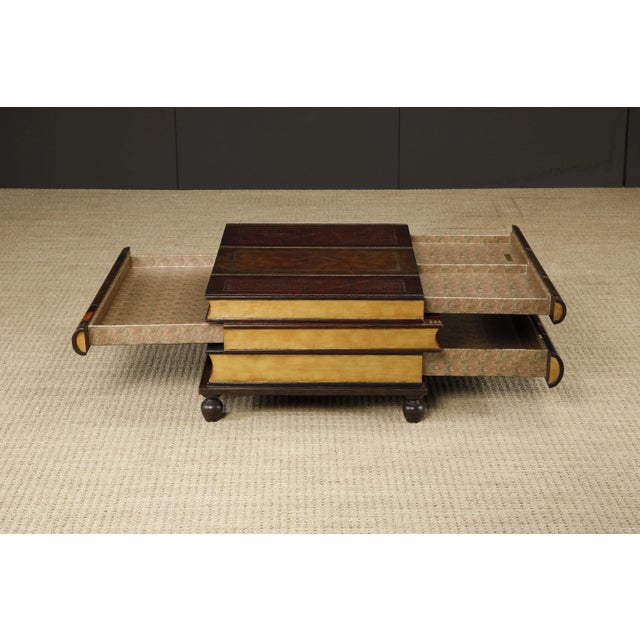 1990s Maitland Smith Embossed Leather Stacked Books Trompe-l'œil Coffee Table, Signed For Sale - Image 5 of 12