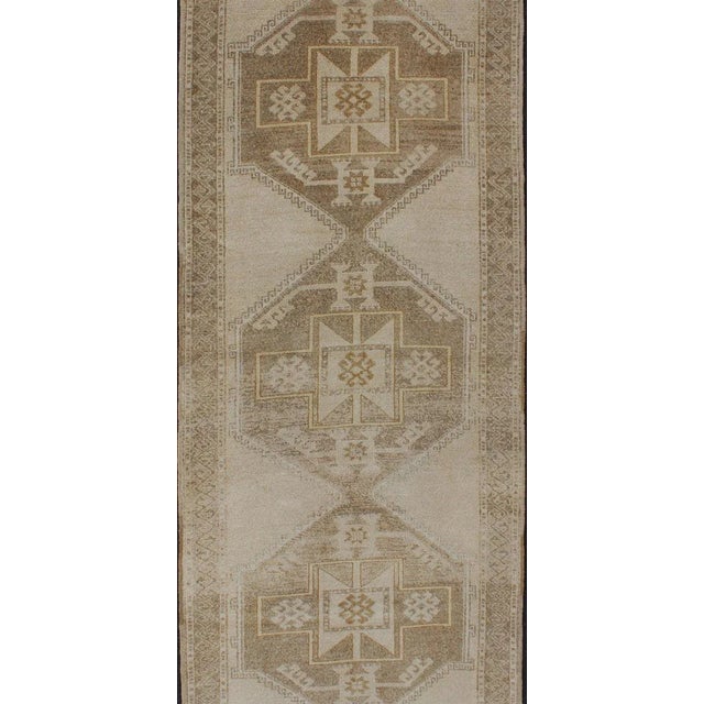 Vintage Hand Knotted Oushak Gallery Runner With Three Medallion Design in Taupe, Light Brown For Sale - Image 4 of 12