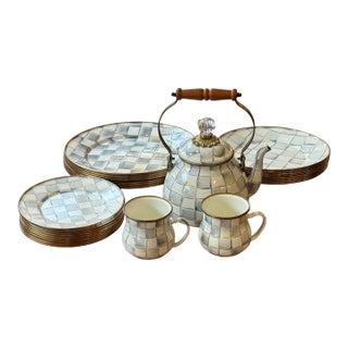 Mackenzie Childs Enamelware Sterling Check Dinnerware, Set of Twenty Nine For Sale