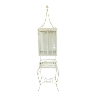 Antique Ivory Wrought Iron & Glass Wardian Case Terrarium Planter Plant Stand For Sale