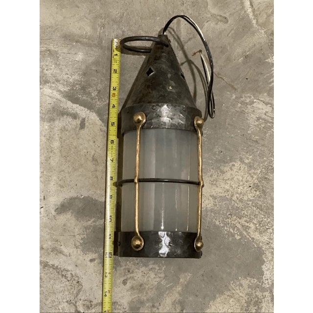 Vintage Industrial Style Hammered Metal & Frosted Glass Pendant Lantern For Sale In Pittsburgh - Image 6 of 7