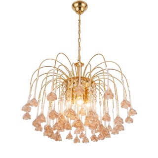 Vintage Gold Rain Chandelier with Handmade Murano Glass Pink Flowers, Italy, 1960 For Sale