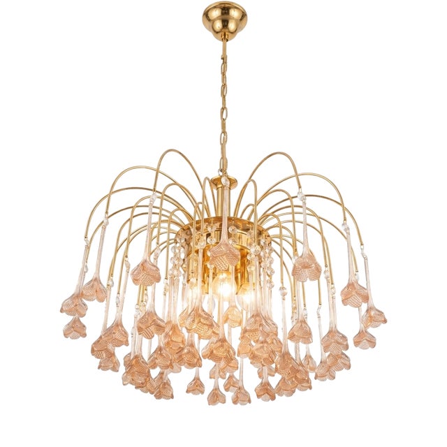 Vintage Gold Rain Chandelier with Handmade Murano Glass Pink Flowers, Italy, 1960 For Sale