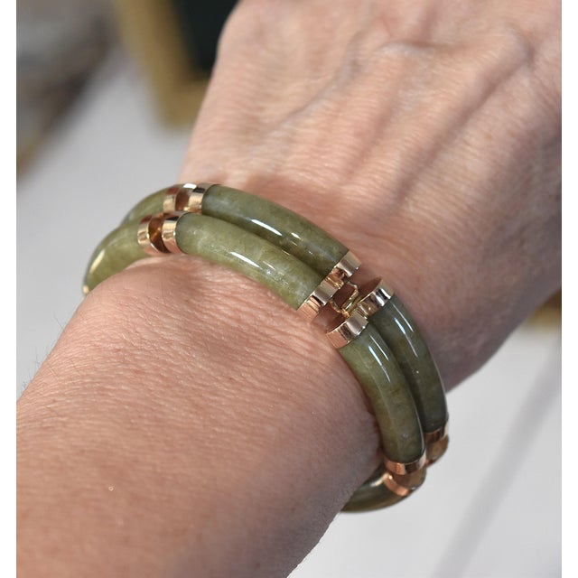 Late 20th Century 14k Gold Green Jade Link Bracelet Good Fortune 7 1/8" Long For Sale - Image 17 of 18