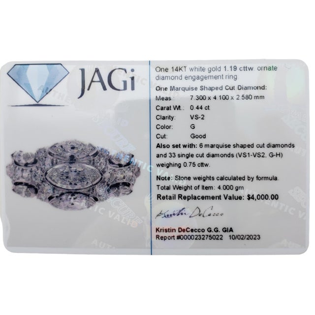 Silver Mid 20th Century 14 Karat White Gold Diamond Ring Size 8 JAGi Certified #21365 For Sale - Image 8 of 8