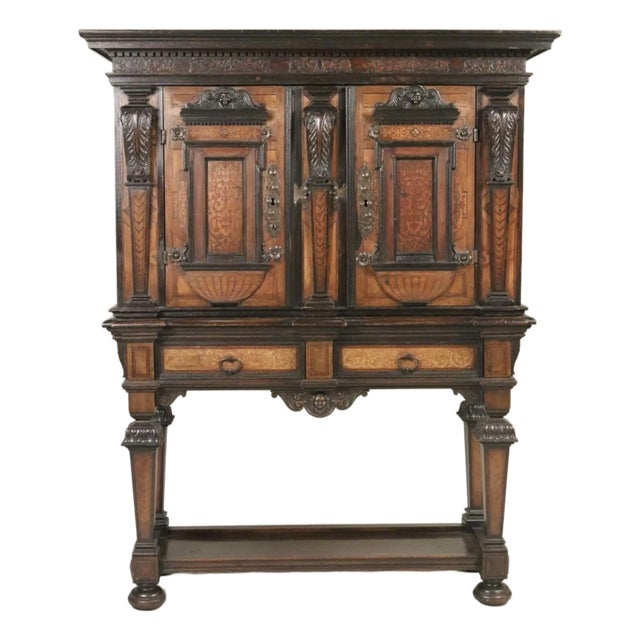 19th Century Italian Renaissance Revival Walnut, Intarsia & Marble Cabinet For Sale