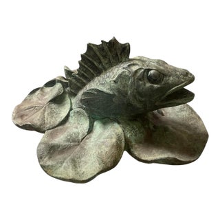 Vintage Verdigris Bronze Perch & Lily Pad Fountain Spouted Sculpture For Sale