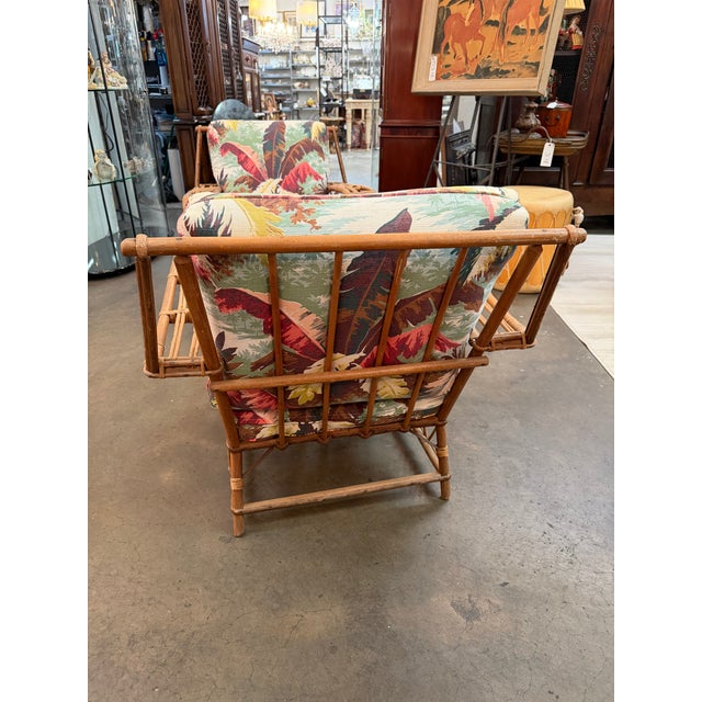 Pair of Mid-Century Rattan Lounge Chairs With Tropical Botanical Upholstery For Sale In Atlanta - Image 6 of 11