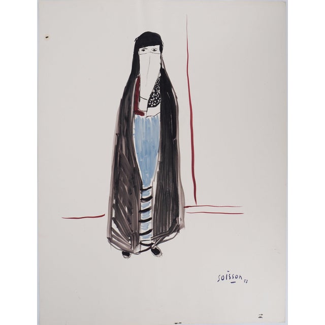 Jacques Soisson, Woman with a Black Veil, Acrylic on Paper For Sale