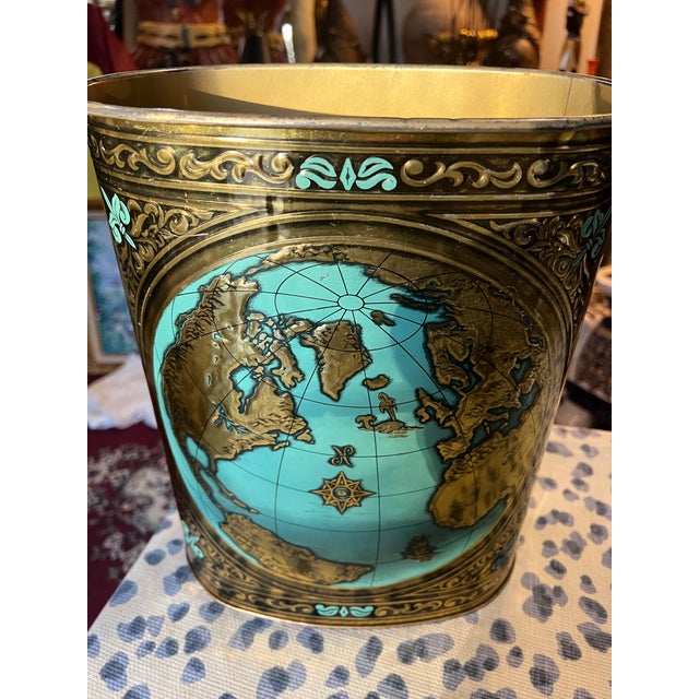 1970s Small Gold World Map Wastebasket With Teal Accents For Sale In Atlanta - Image 6 of 9